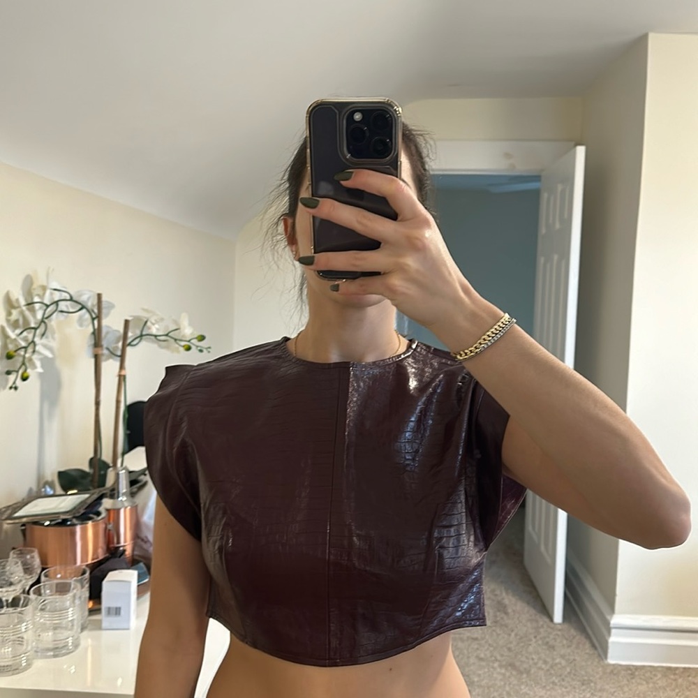 Zara small faux leather croc embossed burgundy top